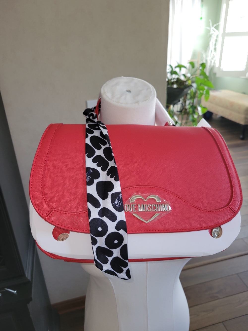 Love Moschino Red and White Heart-Logo Crossbody with Patterned Strap
